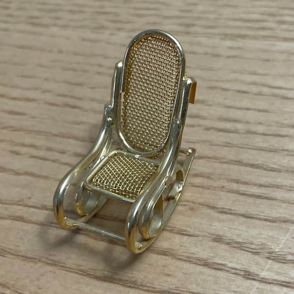Vintage Dollhouse Miniature Furniture 2  Rocking Chairs & Table Gold Brass Tone - Picture 3 of 8